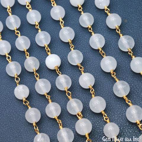 White Jade Cabochon Beads 8mm Gold Wire Wrapped Rosary Chain