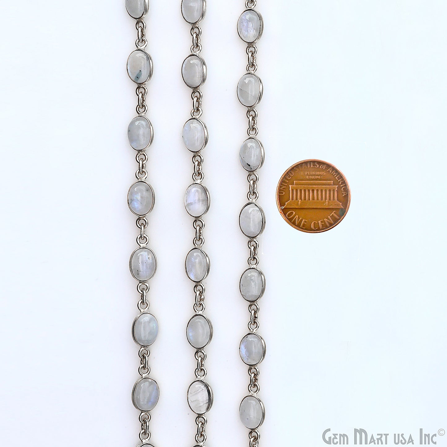 Rainbow Moonstone 6x8mm Oval Silver Bezel Cabochon Continuous Connector Chain