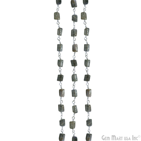 Labradorite Square Beads 6x4mm Silver Plated Wire Wrapped Rosary Chain