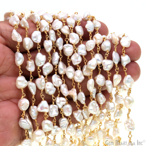 Freshwater Pearl Free Form Shape 5-6mm Gold Wire Wrapped Rosary Chain