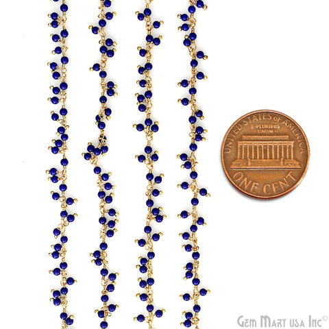 Dark Blue Chalcedony 2-2.5mm Cluster Dangel Gemstone Beaded Gold Wire Wrapped Rosary Chain