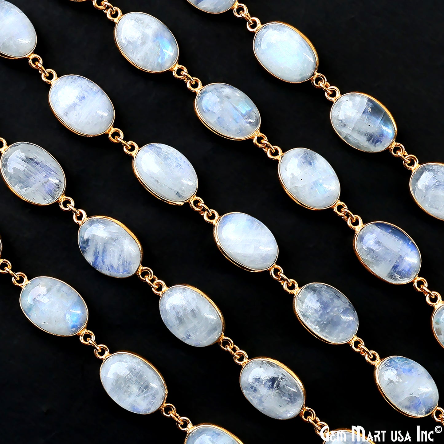 Rainbow Moonstone Cabochon Oval 10x14mm Gold Plated Continuous Connector Chain