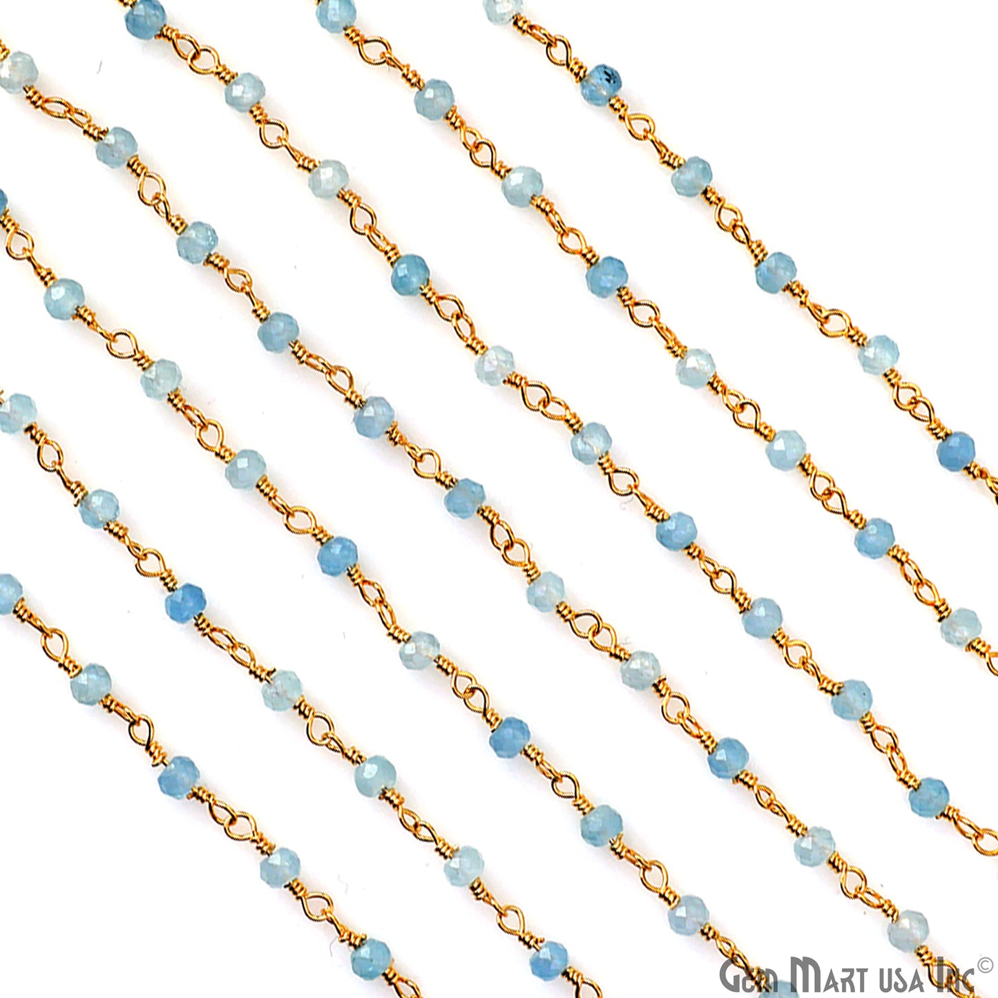 Aquamarine 3mm Gold Plated Wire Wrapped Gemstone Beads Rosary Chain