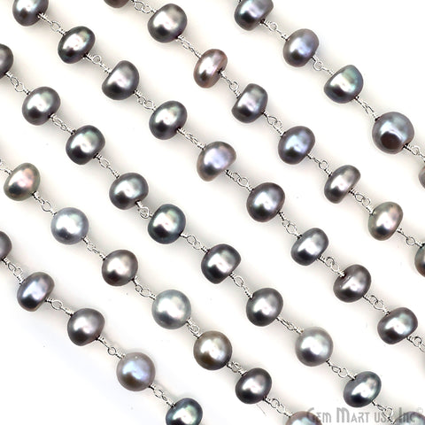 Gray Pearl Cabochon Beads 8-9mm Silver Plated Gemstone Rosary Chain