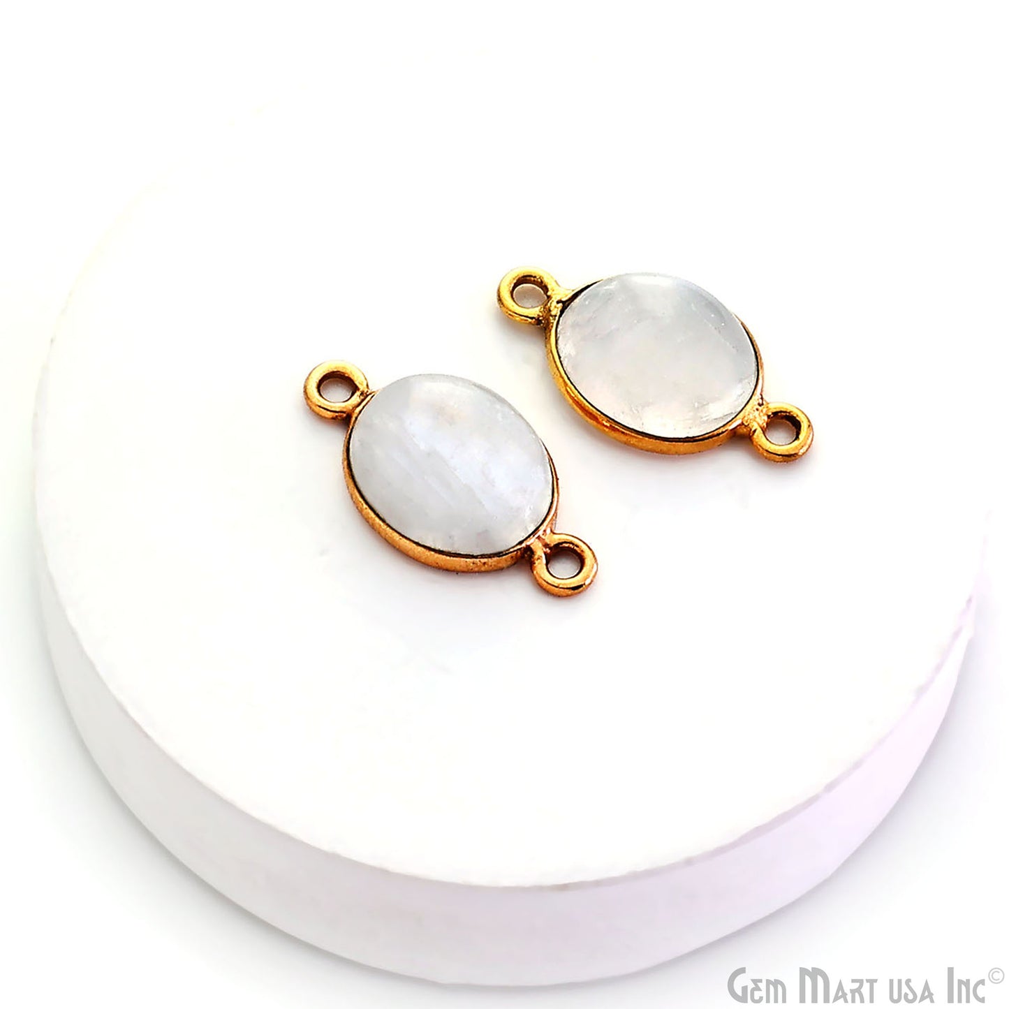 Rainbow Moonstone Cabochon 9x11mm Oval Gold Plated Double Bail Gemstone Connector