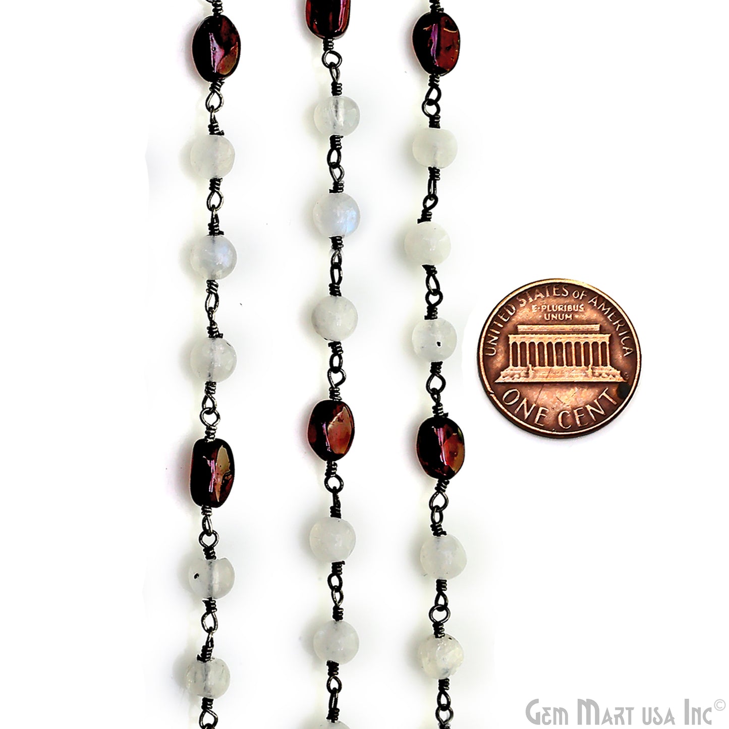 Rainbow Moonstone Round Cabochon & Garnet Tumble Beads Oxidized Wire Wrapped Rosary Chain