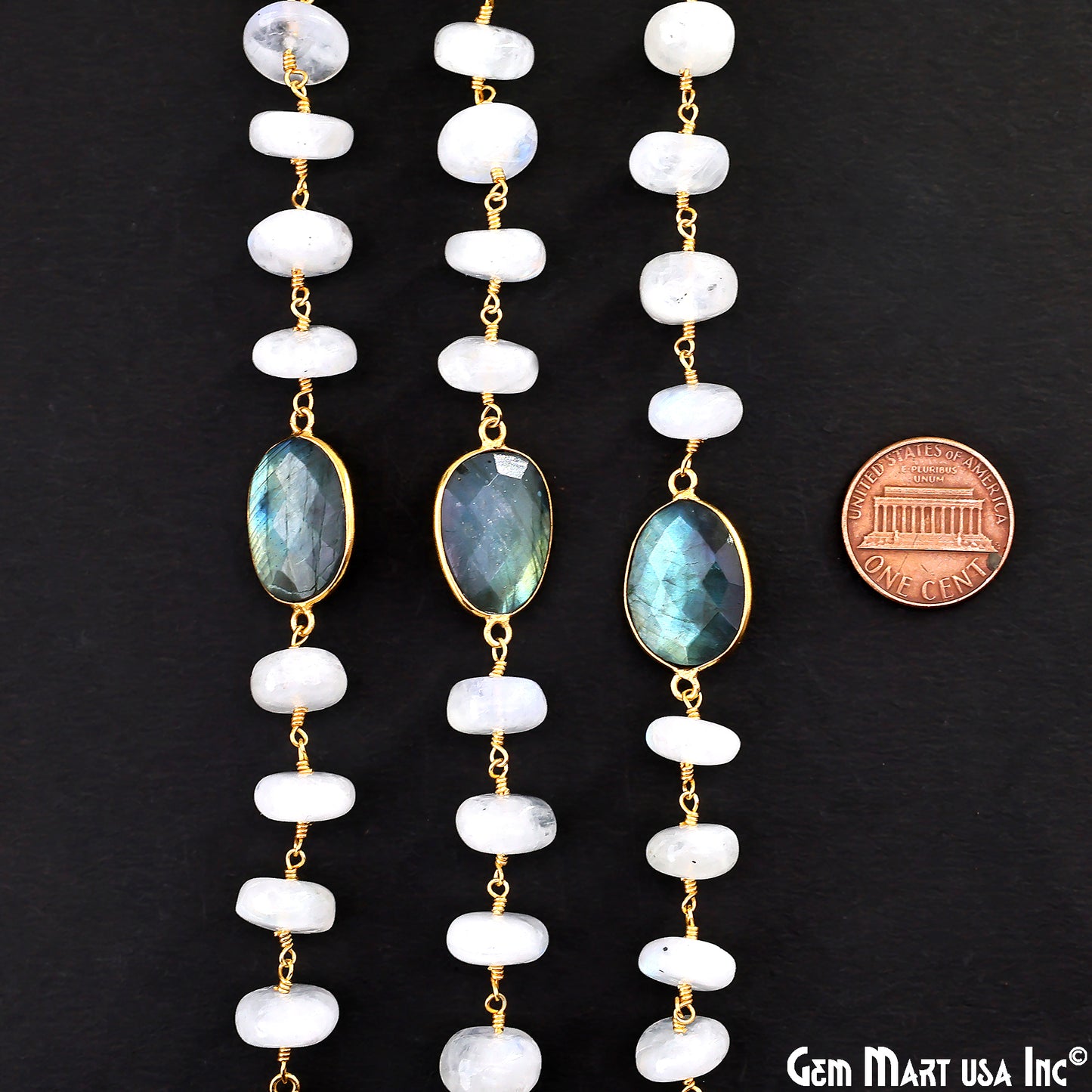 Rainbow Moonstone Beads & Labradorite Bezel Connector Gold Plated Rosary Chain