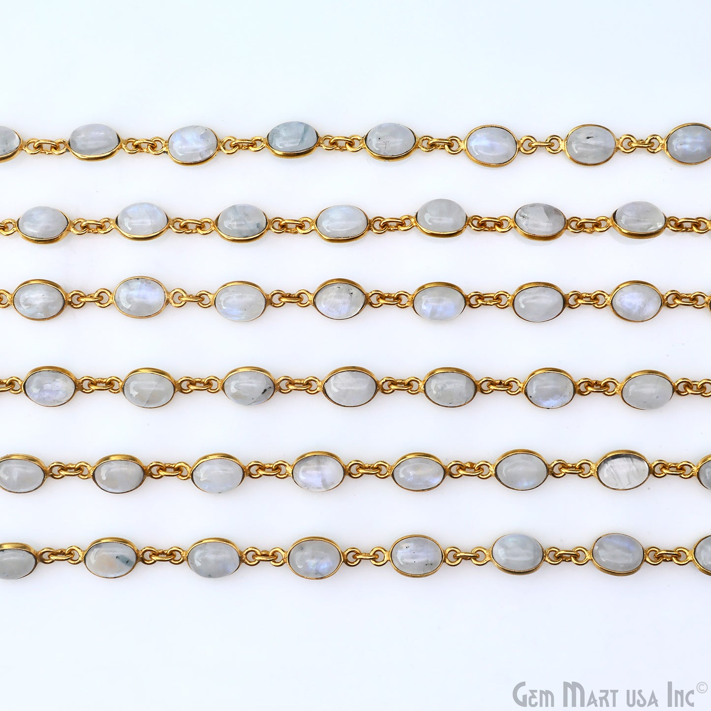 Rainbow Moonstone 6x8mm Oval Gold Plated Bezel Cabochon Continuous Connector Chain