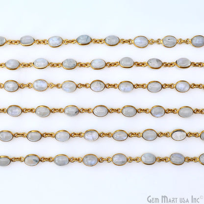 Rainbow Moonstone 6x8mm Oval Gold Plated Bezel Cabochon Continuous Connector Chain