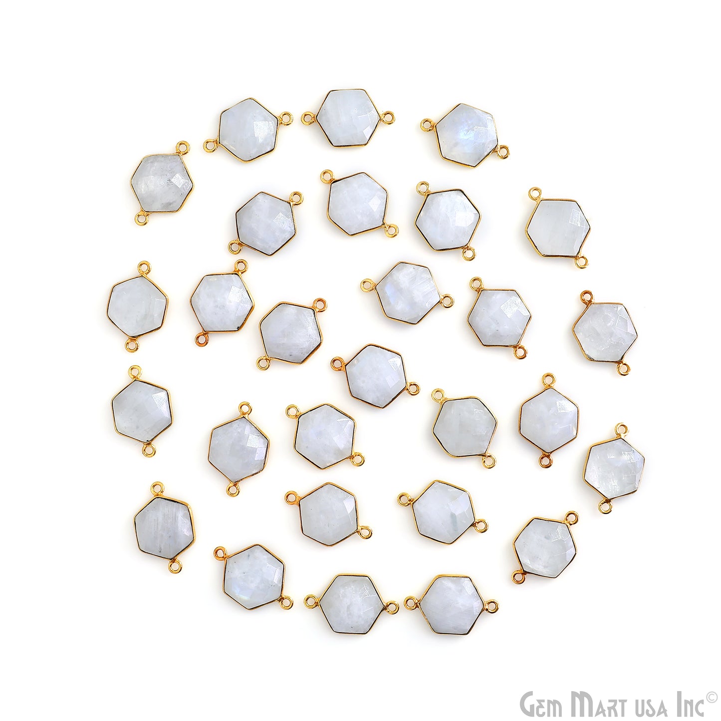 Rainbow Moonstone 20x13mm Hexagon Gold Plated Double Bail Gemstone Connector