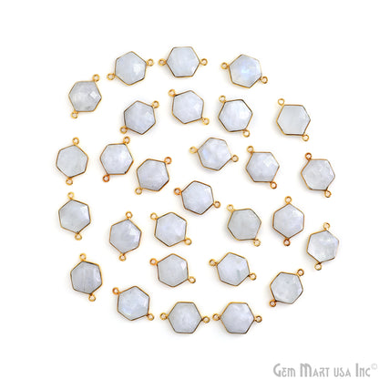 Rainbow Moonstone 20x13mm Hexagon Gold Plated Double Bail Gemstone Connector