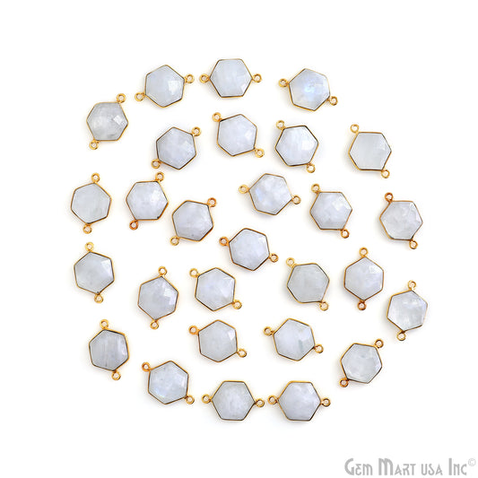 Rainbow Moonstone 20x13mm Hexagon Gold Plated Double Bail Gemstone Connector