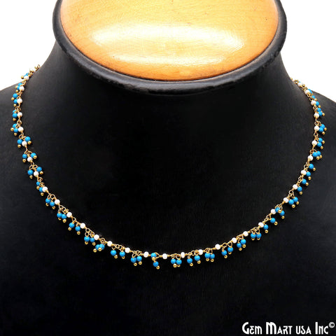 Turquoise & Freshwater Pearl Faceted Beads 2-2.5mm Gold Wire Wrapped Cluster Rosary Chain