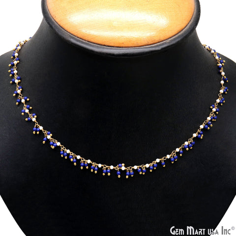 Lapis & Freshwater Pearl Faceted Beads 2-2.5mm Gold Wire Wrapped Cluster Rosary Chain
