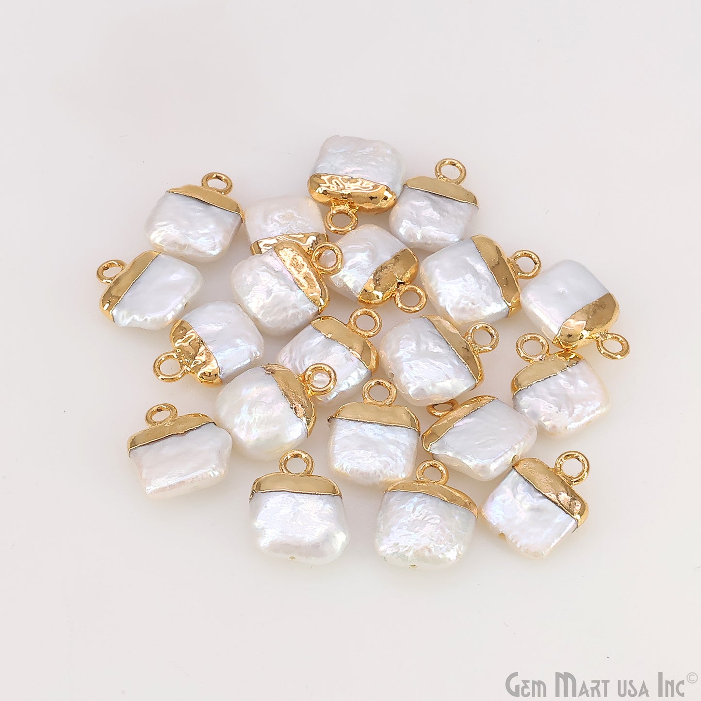 White Pearl Square Charm With Gold Electroplated Cap Single Bail Pendant