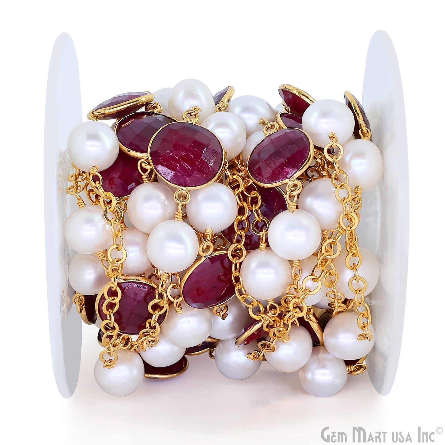 Ruby And Pearl Beads Gold Plated Round Shape Bezel Link Continuous Connector Chain