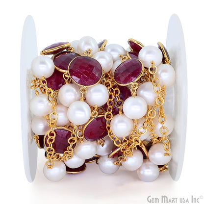 Ruby And Pearl Beads Gold Plated Round Shape Bezel Link Continuous Connector Chain