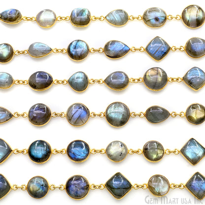 Labradorite Cabochon 10mm Mix Shape Gold Plated Bezel Continuous Connector Chain