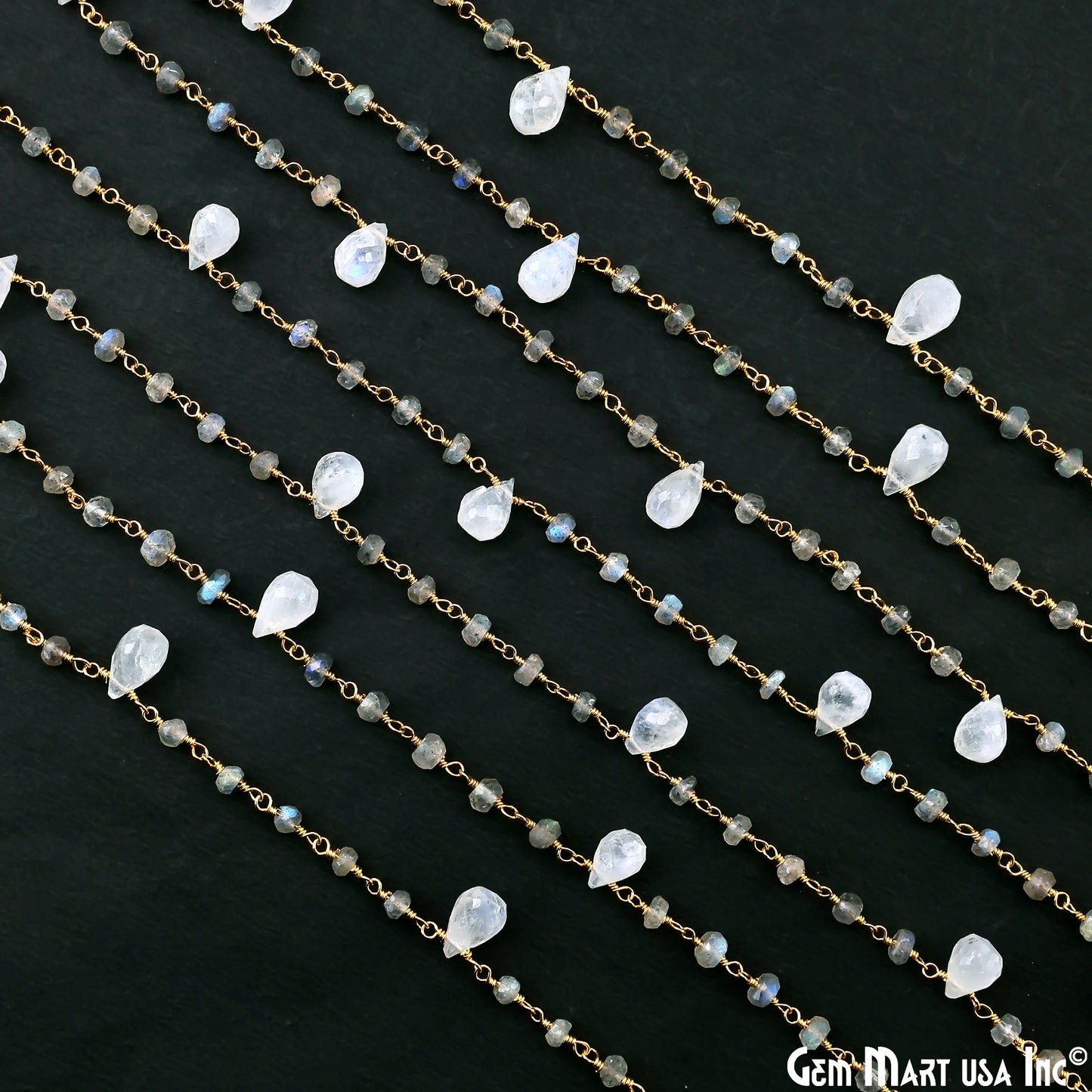 Labradorite Beads & Rainbow Moonstone Drop Beads Gold Wire Wrapped Beads Rosary Chain