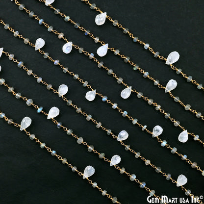 Labradorite Beads & Rainbow Moonstone Drop Beads Gold Wire Wrapped Beads Rosary Chain