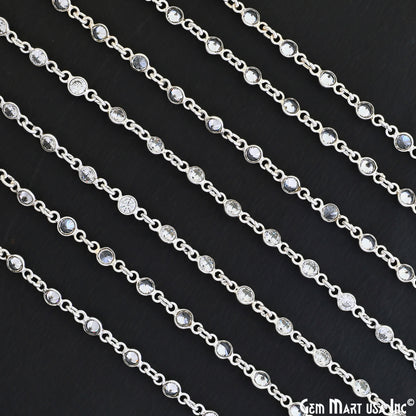 White Zircon 4mm Round Silver Bezel Continuous Connector Chain