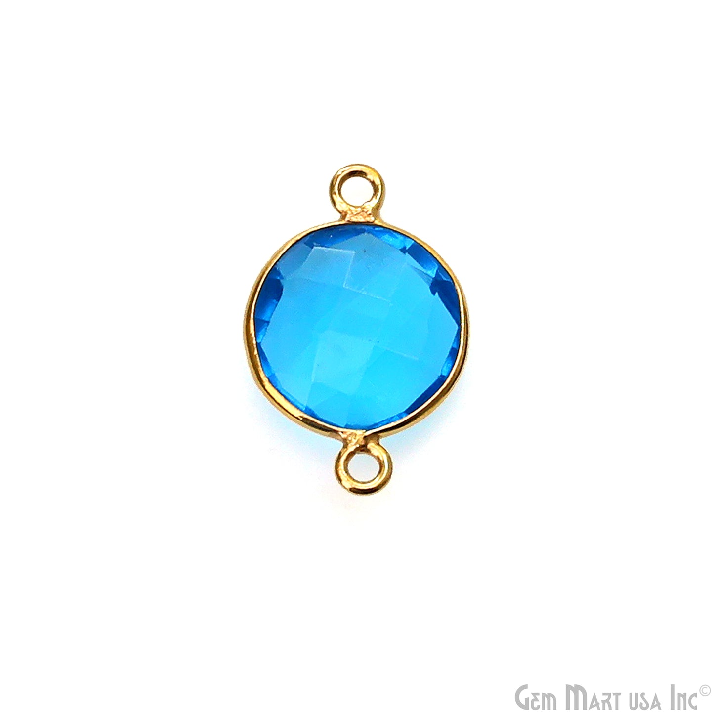 Blue Topaz Bezel Connector Round Shape 24K Gold Plated Double Bail Connector (HB-11523)