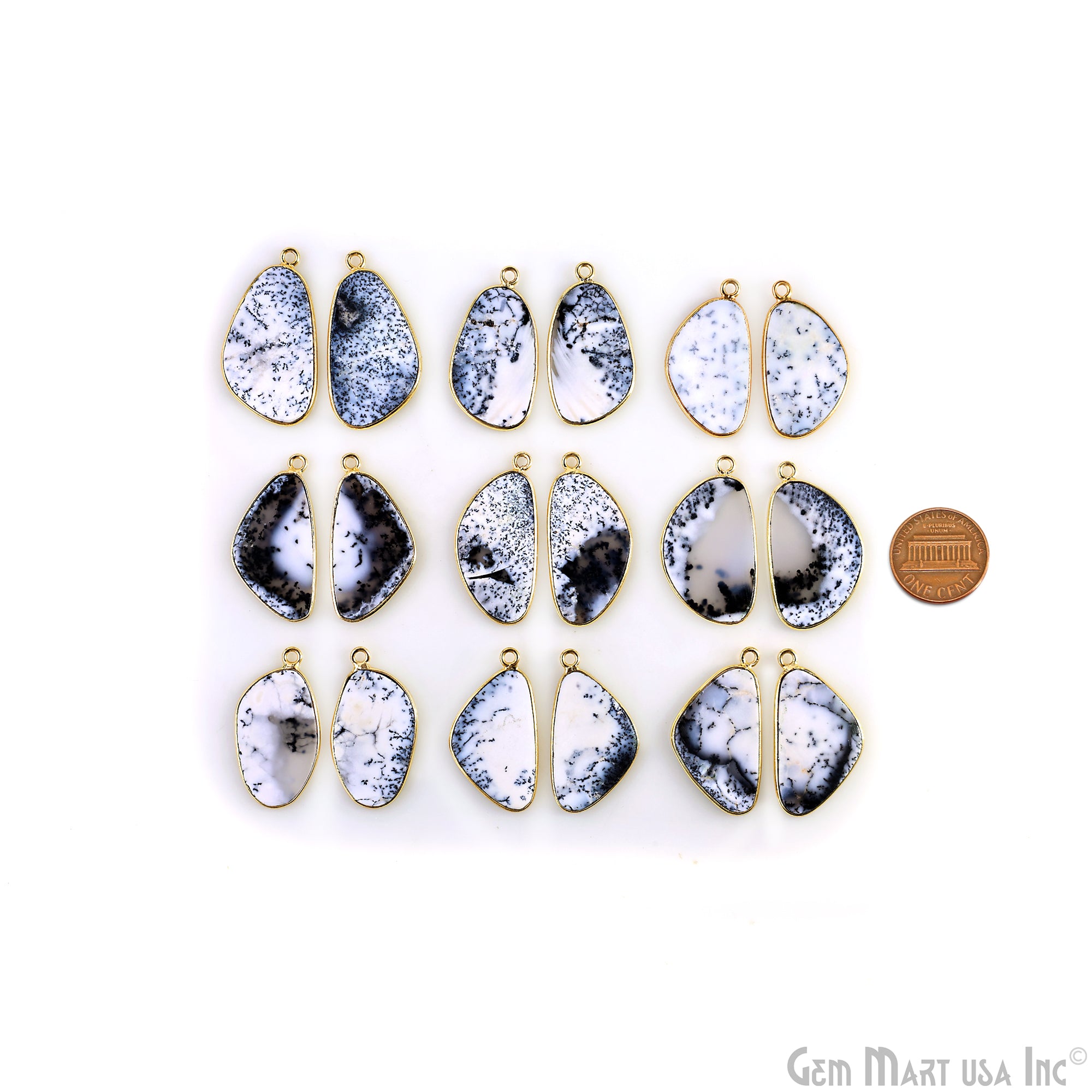 Dendrite Opal D Shape Gold Plated Single Bail Bezel Smooth Slab Slice Thick Gemstone Connector 30x17mm 1 Pair