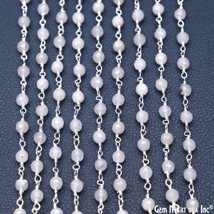 White Jade 4mm Faceted Beads Silver Wire Wrapped Rosary