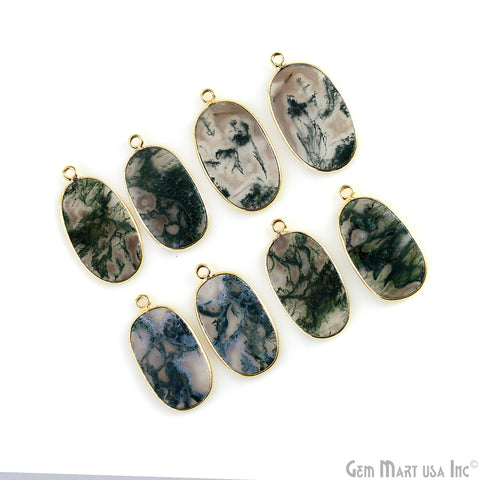 Moss Agate Oval Gold Plated Single Bail Bezel Smooth Slab Slice Thick Gemstone Connector 30x16mm 1 Pair