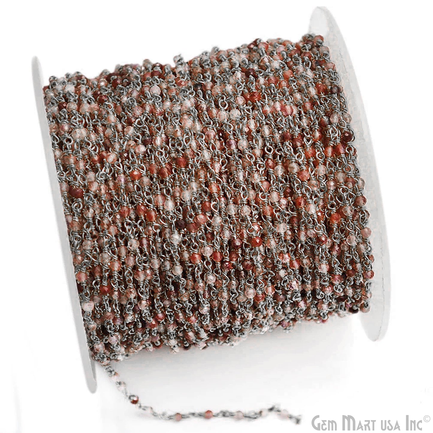 Shaded Strawberry Quartz Black Plated Wire Wrapped Gemstone Beads Rosary Chain