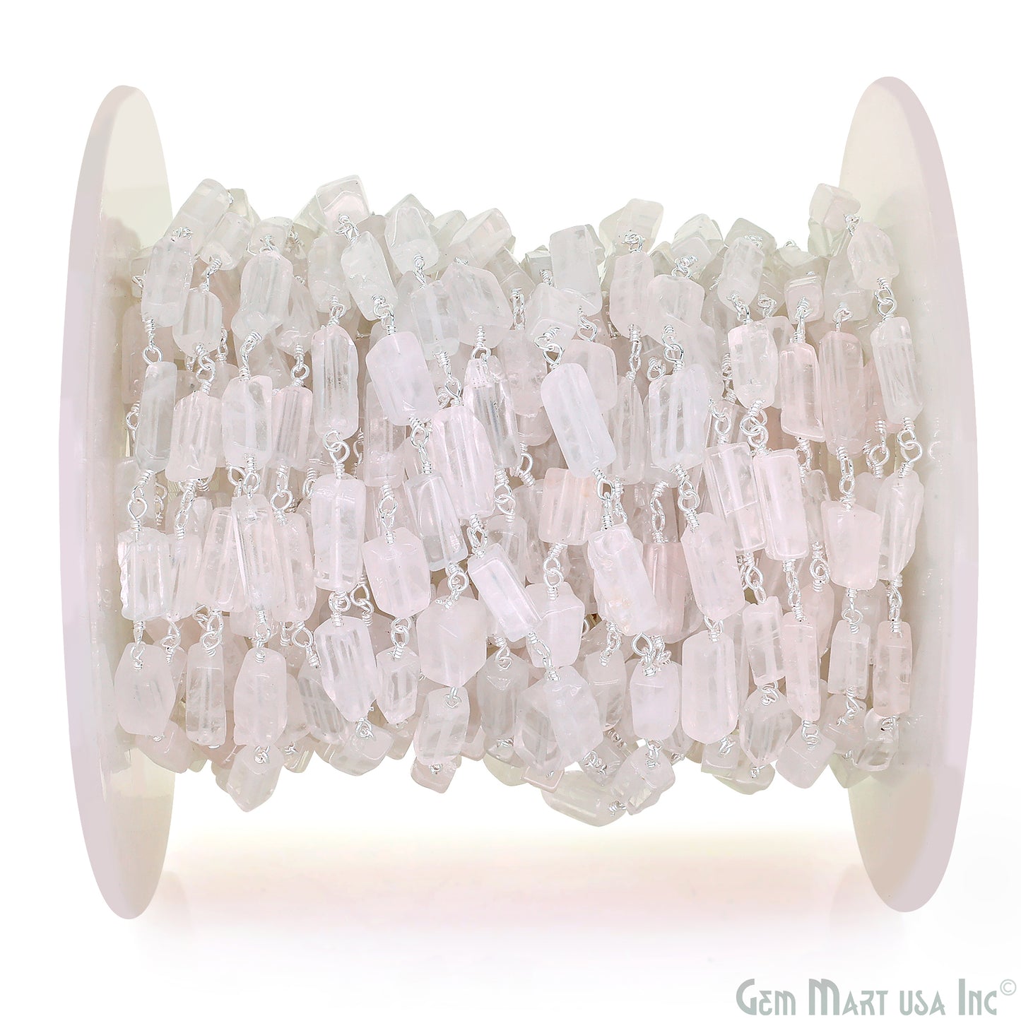 Rose Quartz Tumble Beads 8x5mm Silver Wire Wrapped Rosary Chain