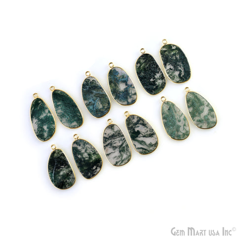 Moss Agate Free Form Gold Plated Single Bail Bezel Smooth Slab Slice Thick Gemstone Connector 30x15mm 1 Pair
