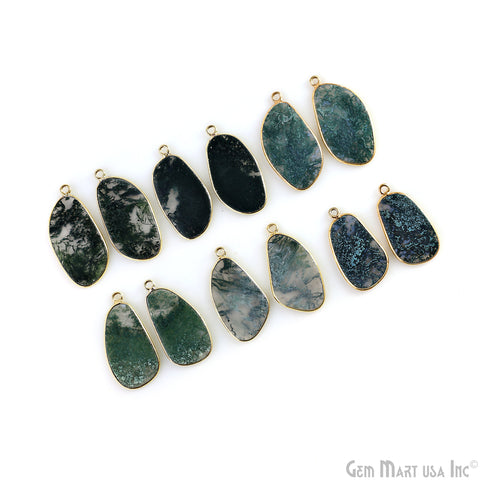 Moss Agate Free Form Gold Plated Single Bail Bezel Smooth Slab Slice Thick Gemstone Connector 33x16mm 1 Pair
