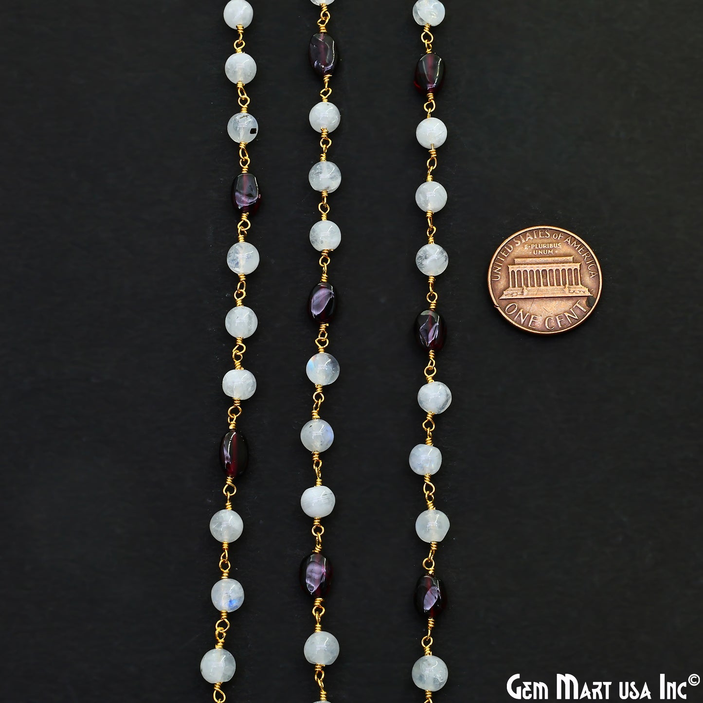 Rainbow Moonstone Round Cabochon & Garnet Tumble Beads Gold Wire Wrapped Rosary Chain