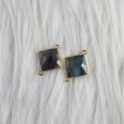 Flashy Labradorite 16mm Square Gold Electroplated Double Bail Connector