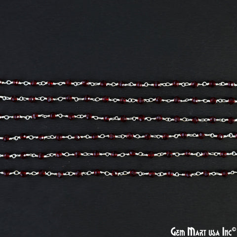 Garnet Color 3-3.5mm Tiny Beads Silver Plated Wire Wrapped Rosary Chain