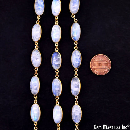 Rainbow Moonstone Cabochon Oval 8x16mm Gold Plated Continuous Connector Chain