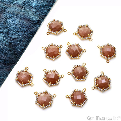 Sunstone Hexagon CZ Pave 18x15mm Hexagon Gold Plated Prong Setting Gemstone Connector