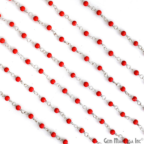 Coral Color Cabochon Beads 2mm Silver Plated Gemstone Rosary Chain