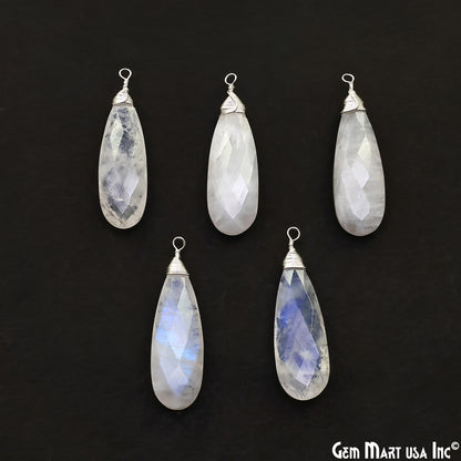 Rainbow Moonstone Pear 37x10mm Silver Wire Wrapped Single Bail Gemstone Connector