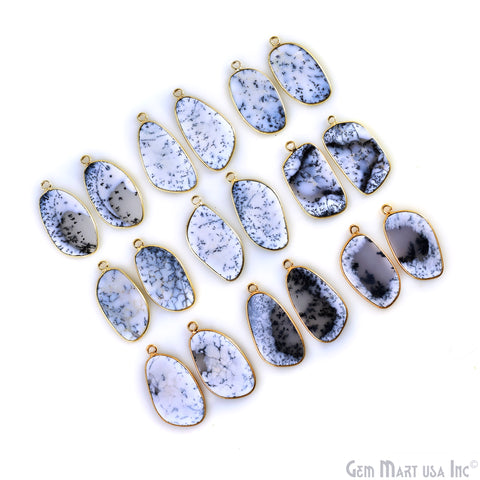 Dendrite Opal Free Form Gold Plated Single Bail Bezel Smooth Slab Slice Thick Gemstone Connector 29x16mm 1 Pair