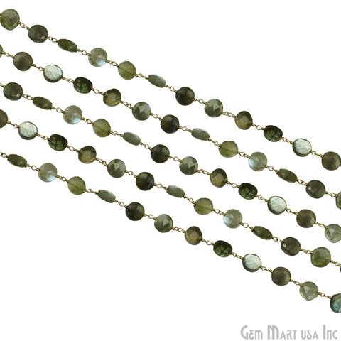 Labradorite Coin Beads 8-9mm Gold Plated wire wrapped Rosary Chain
