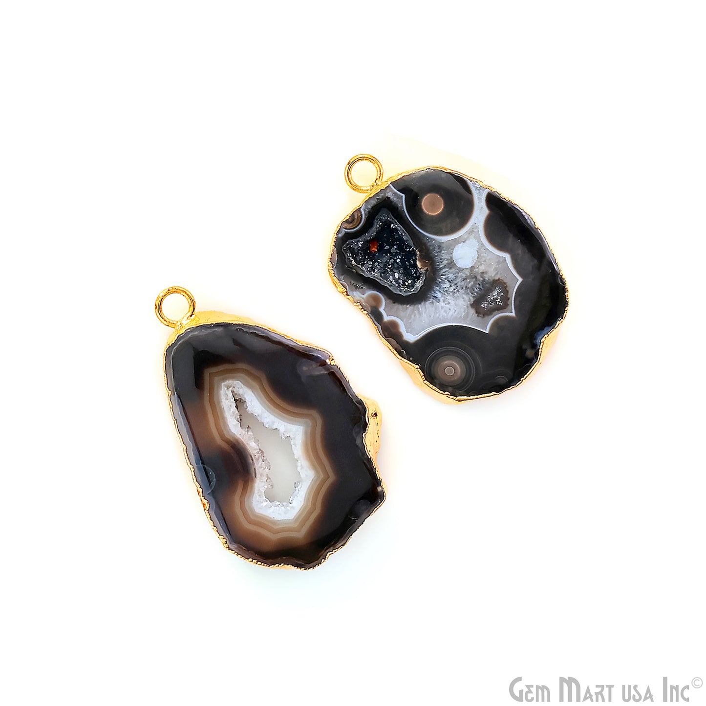 Black Agate Geode Druzy 1-2 Inch Single Bail Gold Electroplated Gemstone Connector