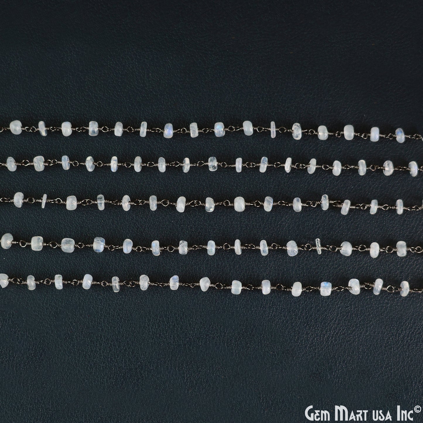 Rainbow Moonstone Round Beads 4-5mm Oxidized Wire Wrapped Rosary Chain