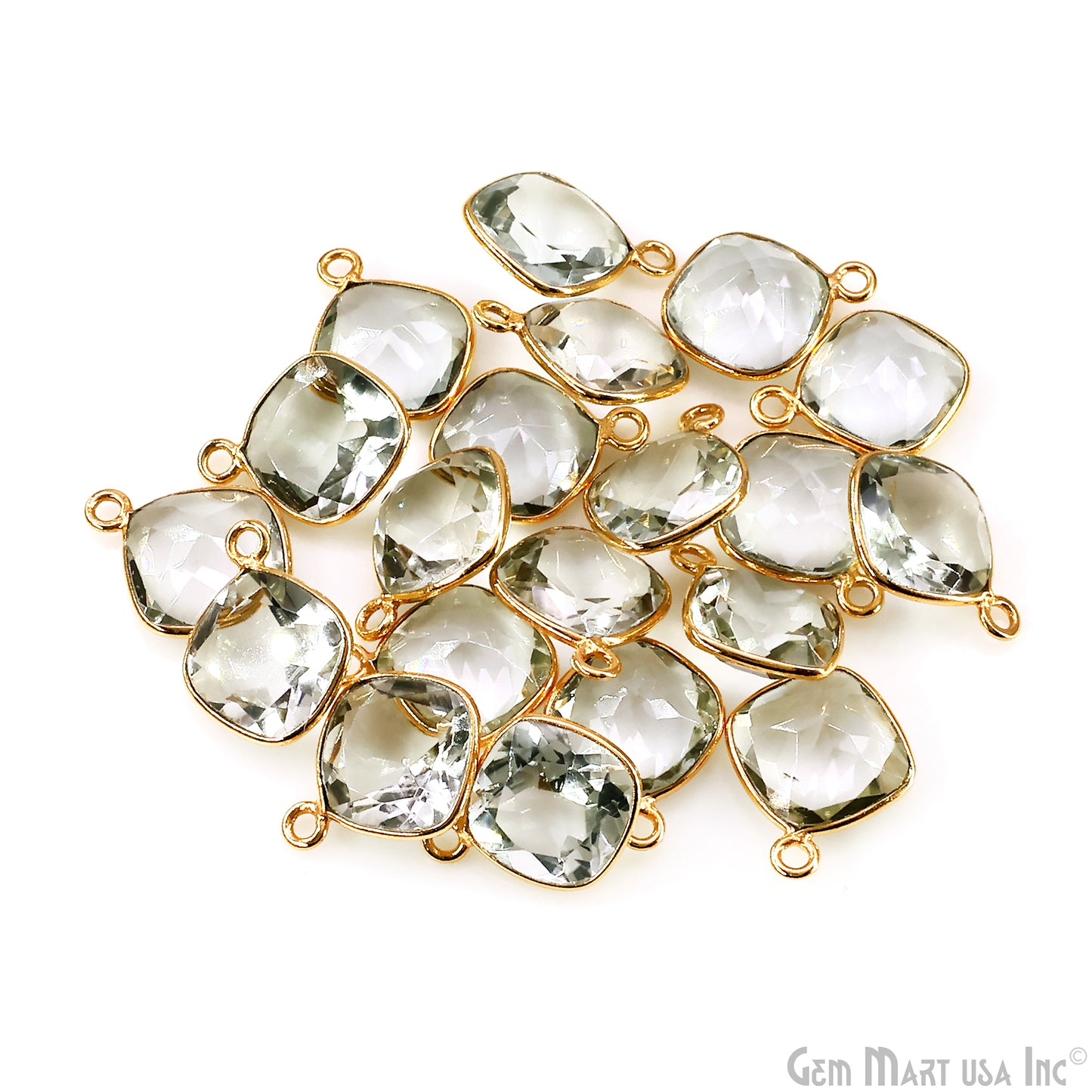 Green Amethyst 10mm Cushion Brilliant Cut Gold Plated Bezel Single Bail Connector