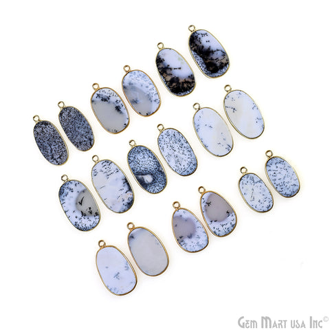 Dendrite Opal Oval Gold Plated Single Bail Bezel Smooth Slab Slice Thick Gemstone Connector 29x15mm 1 Pair