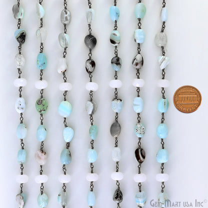 Amazonite & White Chalcedony Tumble Beads Oxidized Wire Wrapped Rosary Chain