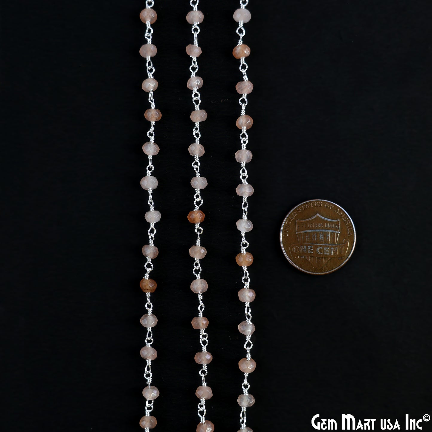 Sunstone 4mm Round Faceted Beads Silver Wire Wrapped Rosary