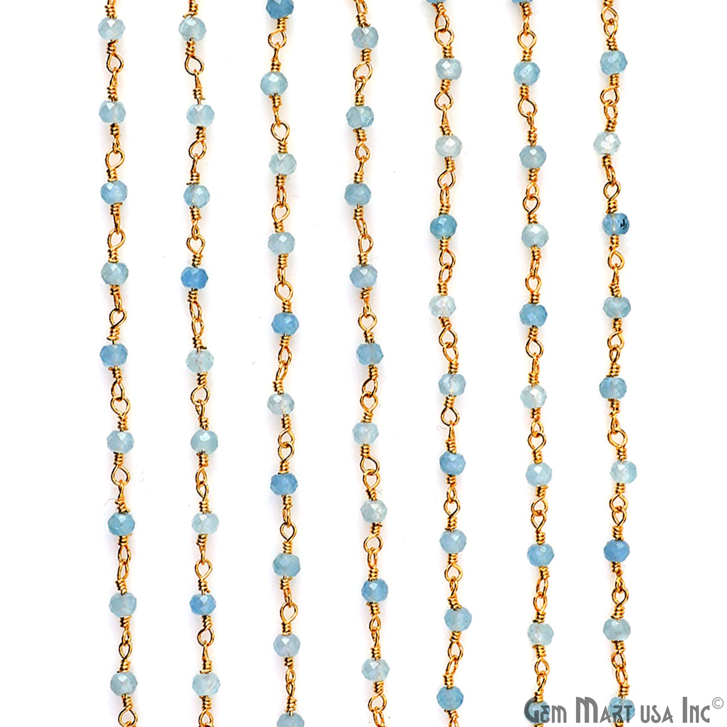 Aquamarine 3mm Gold Plated Wire Wrapped Gemstone Beads Rosary Chain