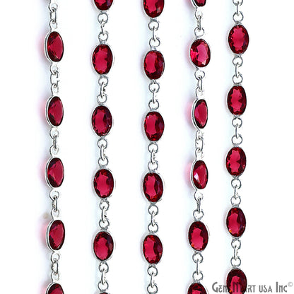 Pink Tourmaline Oval 7x5mm Bezel Link Silver Plated Continuous Connector Chain